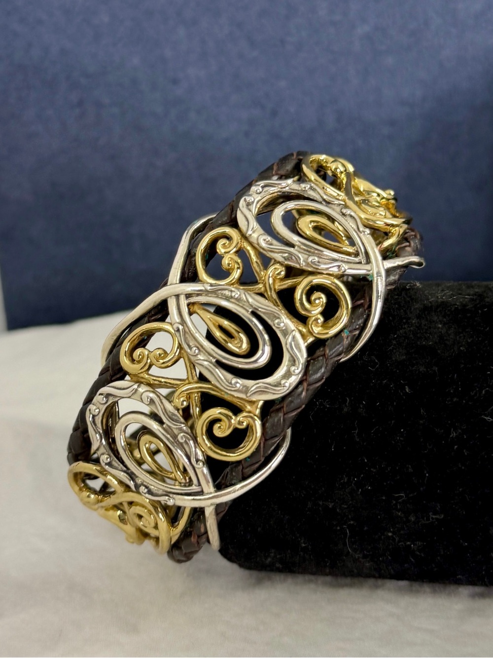 CAROLYN POLLACK American West Sterling Silver Brass  Braided Leather Cuff NEW - Picture 3 of 9